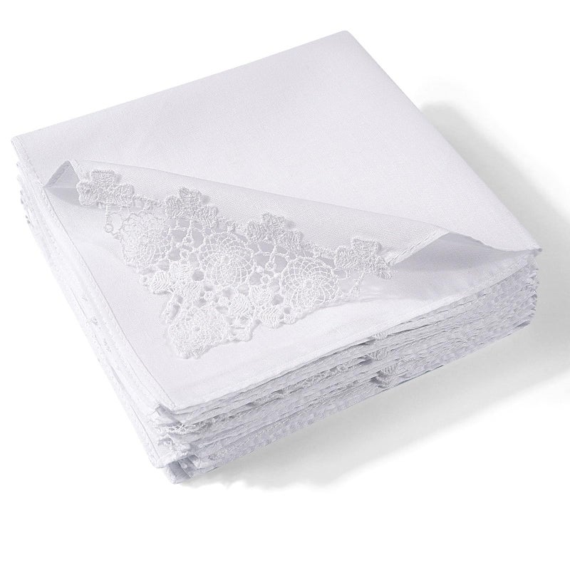 Selected Hanky Women's Cotton Handkerchiefs with Crohet Lace at Corner, Ladies Hankies for Bridal Wedding 12 Pcs Set, Textile Handkerchiefs - Image 1